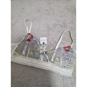Anthropologie Ivory Floral Embroidered Mesh Ruffle Bralette Size M New